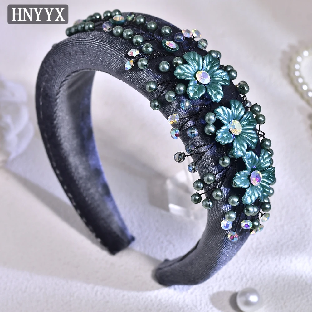 

HNYYX European Baroque Hair Accessories Court Style Headband Velvet Hairband Crystal Headpiece Ladies Green Flower Tiara A274