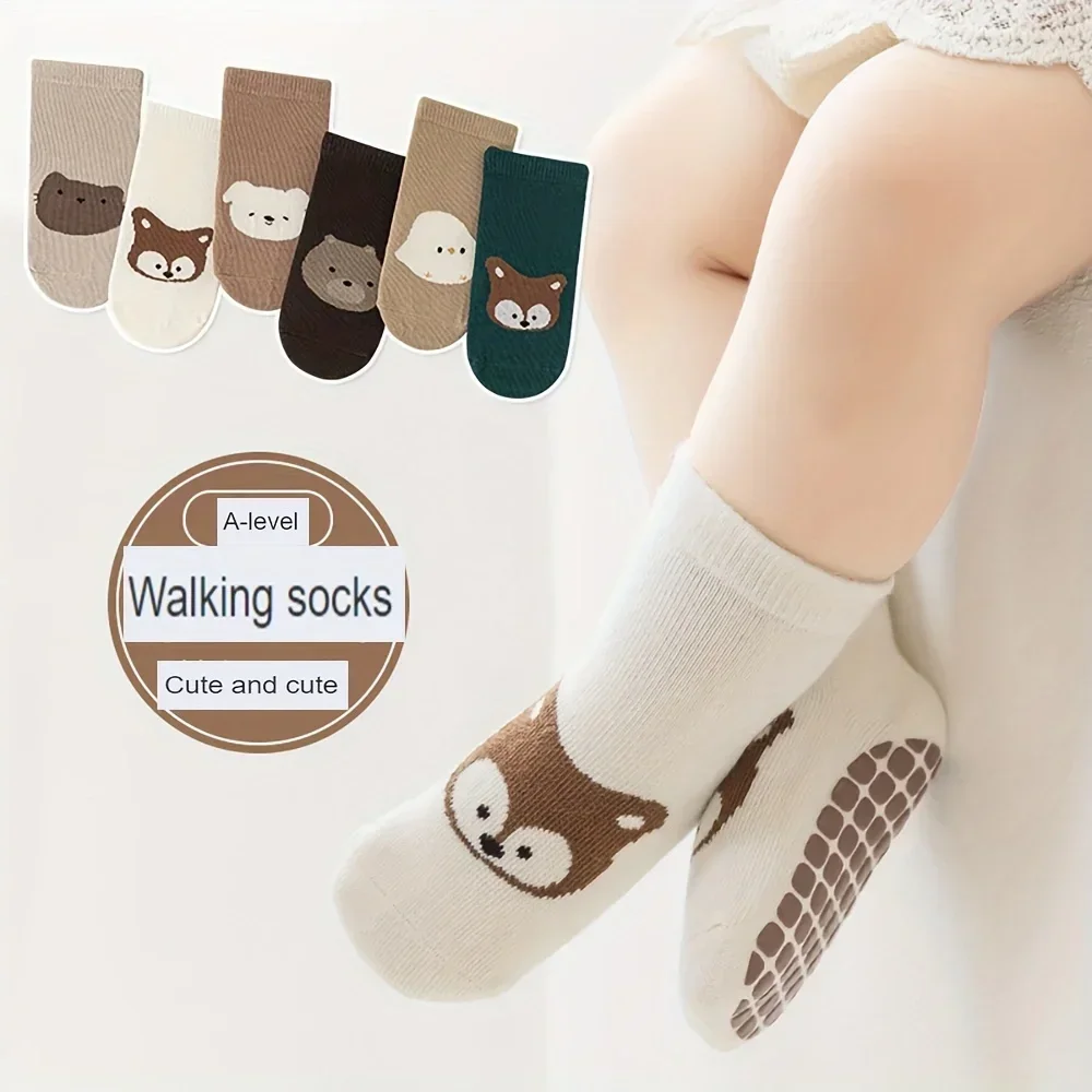 6 Paar Herbst- und Winter-Baby-Trampolin-Socken mit großflächigem Klebepunkt, rutschfeste Bodensocken für Babys und Kleinkinder, große Cartoon-Muster – Detail 3