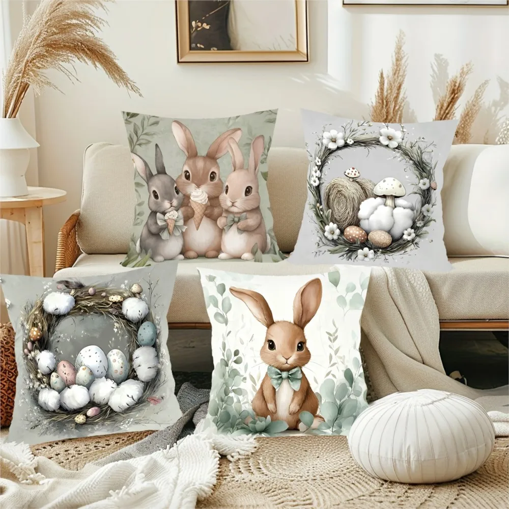 4pcs/set Easter Bunny Throw Pillow 30x30cm Egg Hunting Theme Pillow Cushion Spring Flower Easter Decoration Home Decor