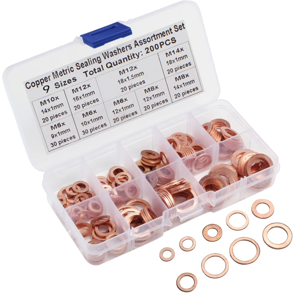 200pcs Anilhas De Cobre Anel Plana Sump Plug Vedação Do Óleo Junta Assorted Set Brand New & Alta qualidade