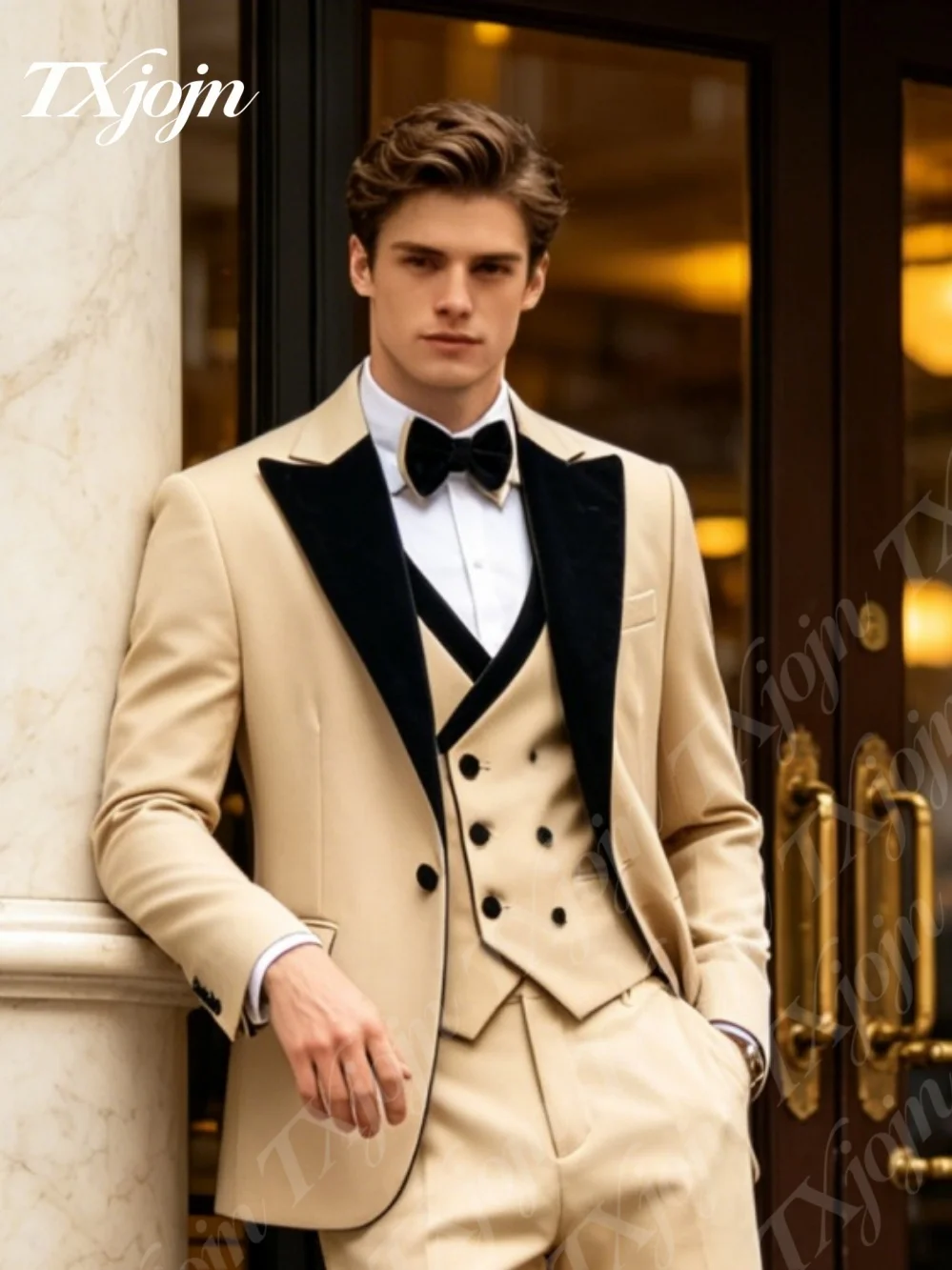 

Elegant Champagne Beige 3PCS Formal Suit Black Velvet Peak Lapel For Men Slim Fit Tuxedo Set For Wedding And Special Occasions