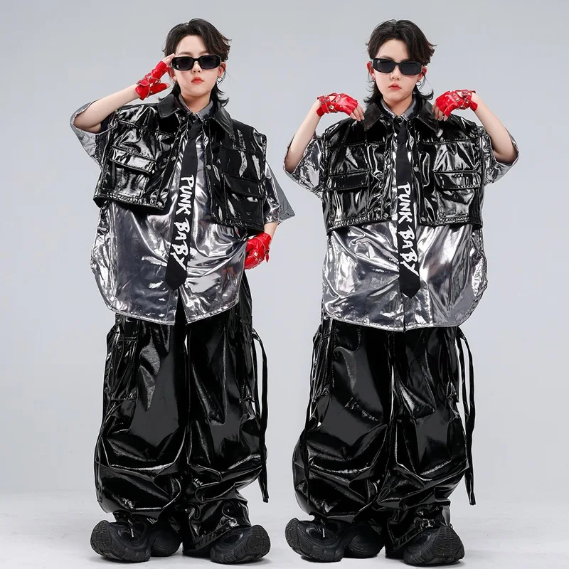 Boys Hip Hop Silver Shirt Street Dance Shiny Vest Cargo Pants Girls K-pop Costume Kids Jazz Clothes Set Children Cool Streetwear