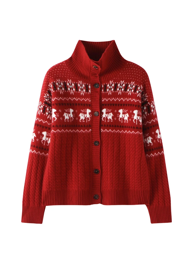 

Качественный красный рождественский свитер 2025 года, женский жаккардовый кардиган с воротником, осень-зима, 100% кашемировый трикотаж, повседневная свободная одежда в стиле ретро