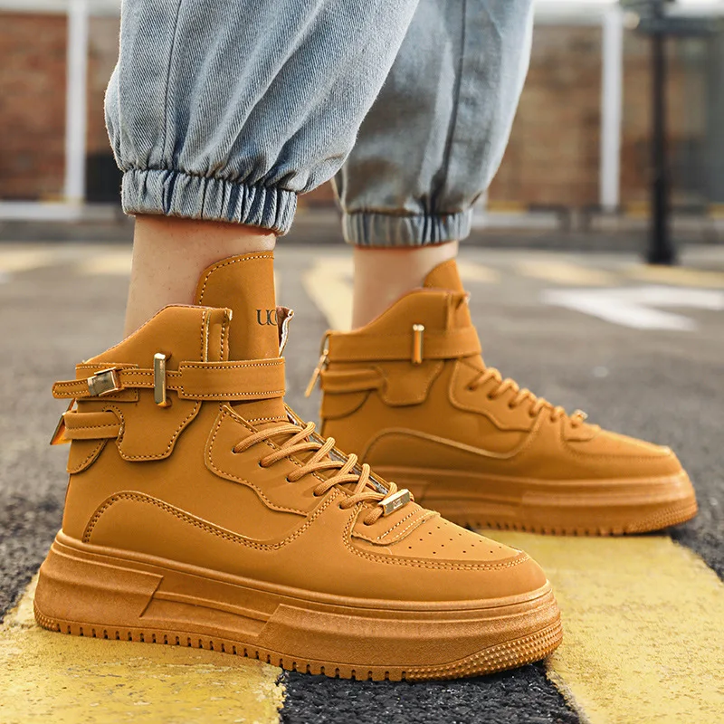 

Новая мужская обувь, кожаная повседневная обувь, высокие кеды, туфли для скейтборда на плоской подошве, молодежные уличные модные кроссовки