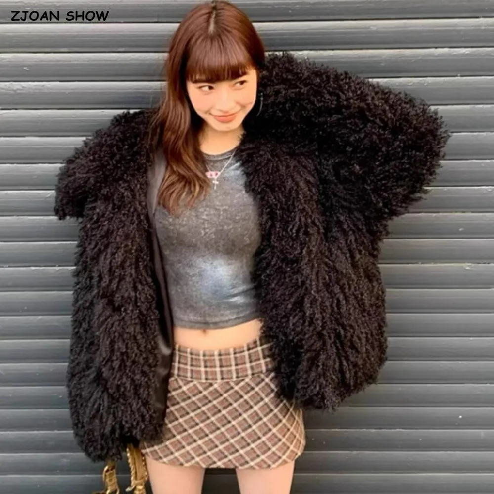 

Высококачественная зимняя черная 3-дюймовая длинная шуба из волосатого искусственного овечьего меха, женская свободная теплая лохматая короткая куртка с воротником с лацканами, верхняя одежда