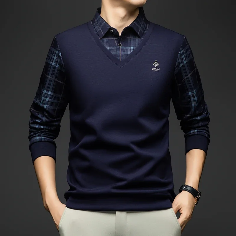 

BROWON 2025 весенне-осенняя футболка Lllusion из двух предметов, мужская футболка с длинным рукавом и воротником с лацканами, деловая социальная футболка, мужская одежда