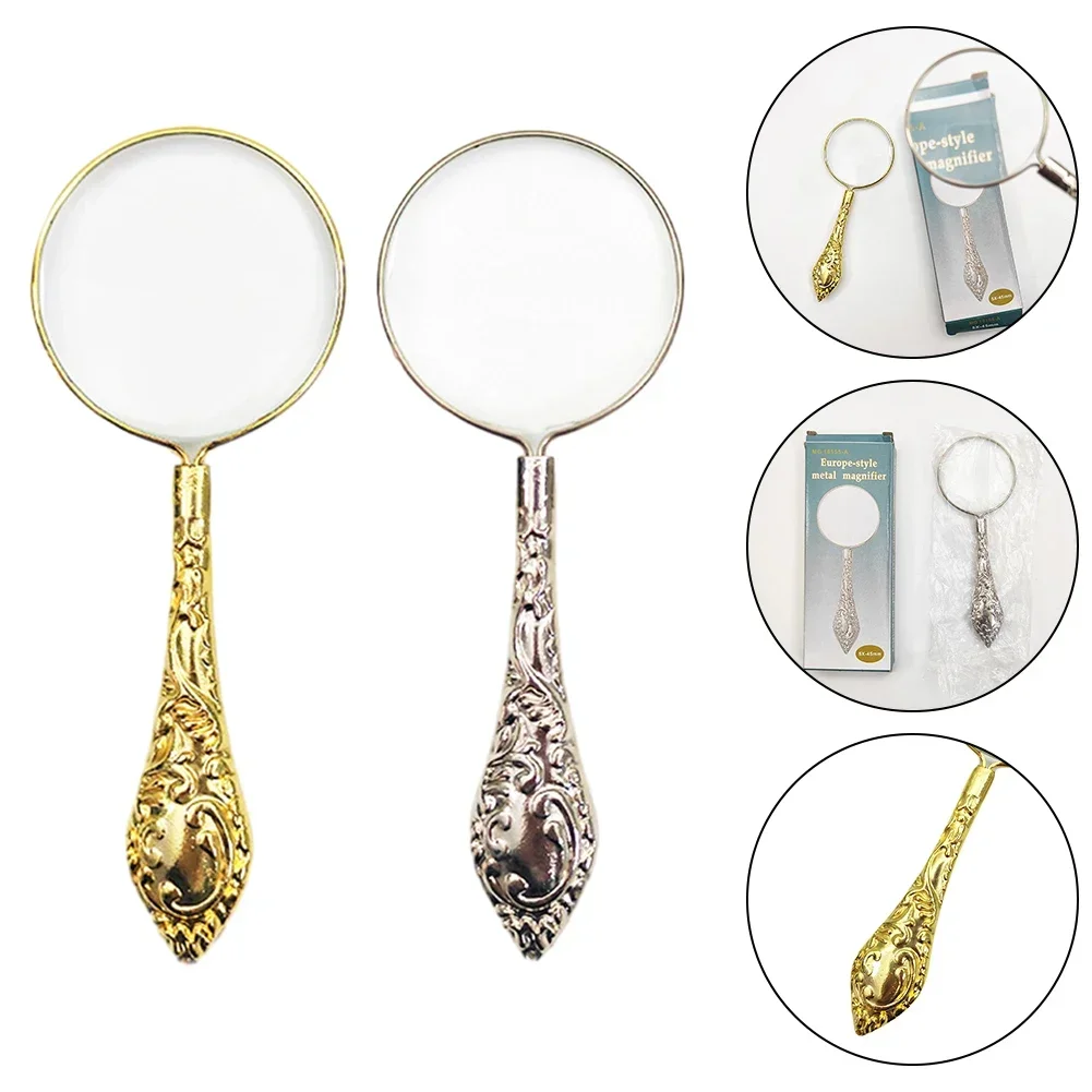 5x Magnifying Glass Flower Stem Glass Lens Gold/silver Metal Multi-purpose Replacement Retro Embossed Pattern 1