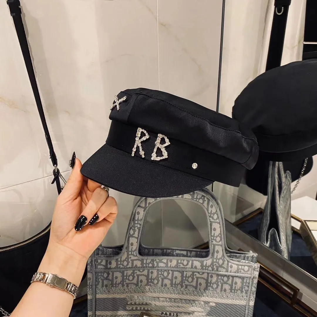 Designer Net Red  Rhinestone Letters RB Satin Navy Hat Casual Breathable Pilot Hat Socialite Newsboy Cap Flat Top Cap