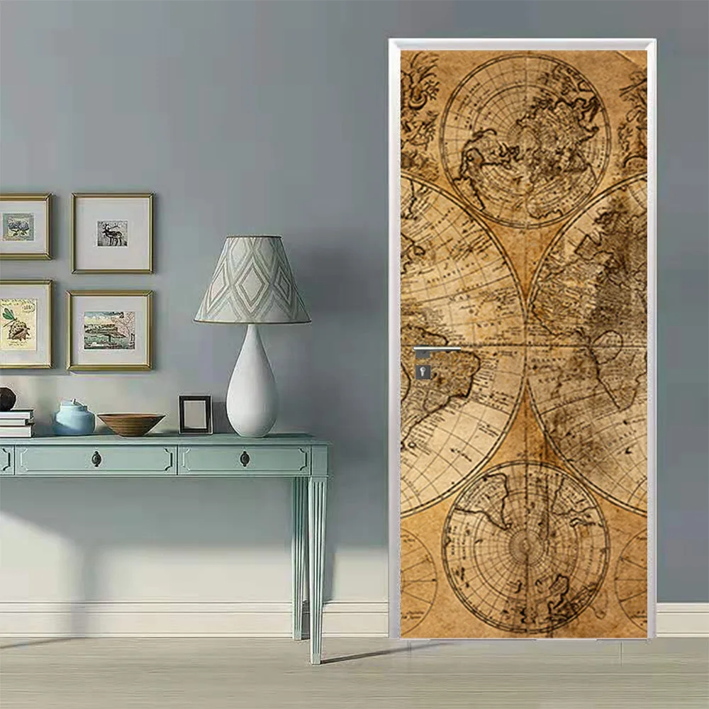 Vintage Old Map Wallpaper 3D PVC Door Sticker Removable Self-Adhesive Living Room Home Design Decoration Poster Wood Door Mural