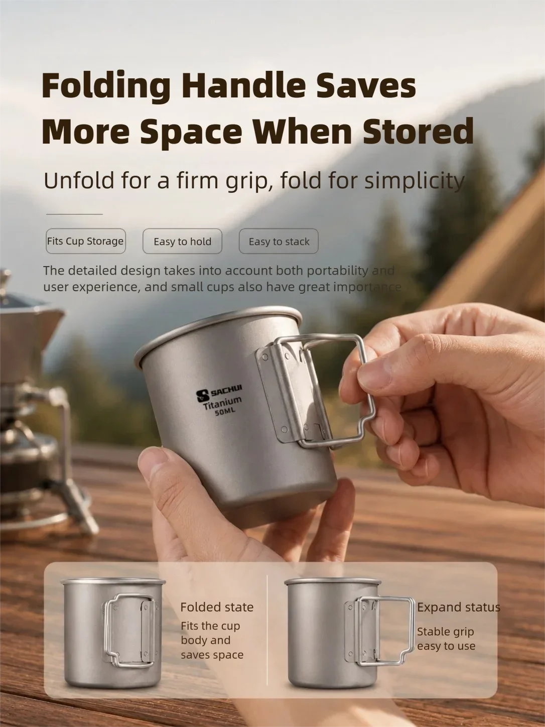 50ml Reiner Titan Mini Outdoor Ultraleichter Tragbarer Tee- und Kaffeebecher mit Klappgriff Camping-Wasserbecher Wander-Reise-Geschirr – Detail 5