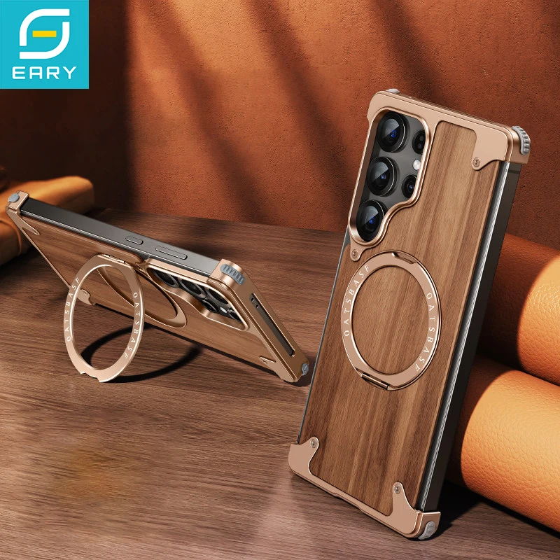

Eary for Samsung Galaxy S26 S25 Ultra Wood Case With Magnetic Stand 360°Rotate for Magsafe Drop Protection Frameless Phone Cover