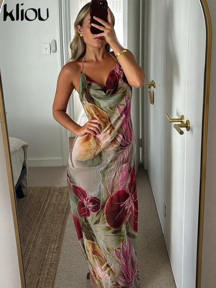 kliou Floral Print Women Dress Vacation Beach Style Suspendency Backless Halter Split Thin Vestidos Female Trend Attractive Wear