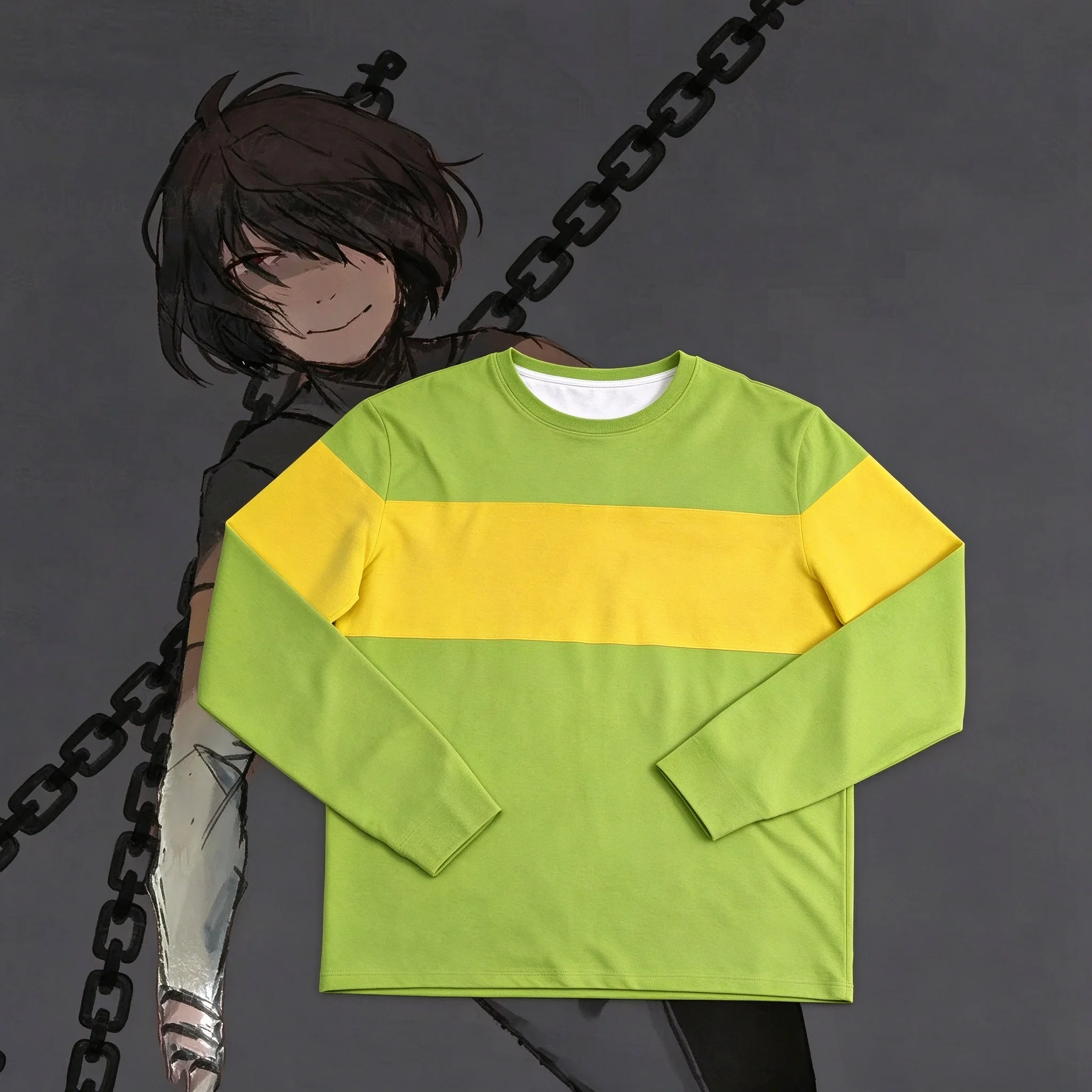 Men's Women's Deltarune Kris Cosplay Long Sleeve Fashion Green Yellow Striped Pullover T-shirt Tops