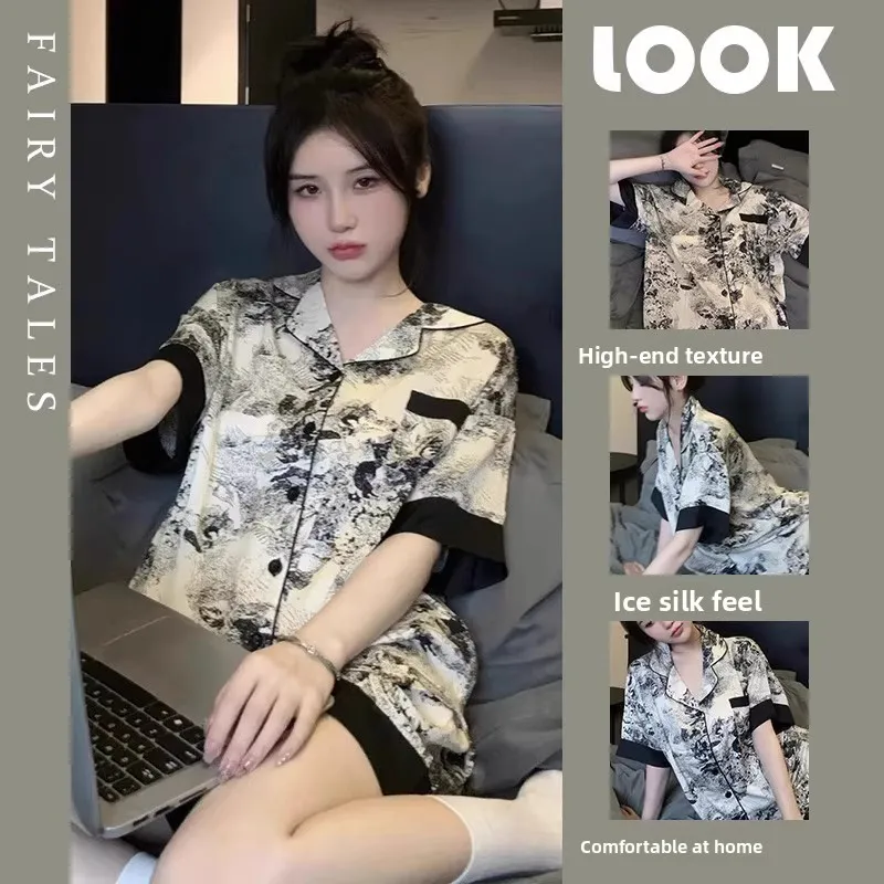 

Summer Thin Short Sleeve Sleepwear Women's Home Clothes Outdoor Wearable Water-Media Painting Design Comfortable Home Suit