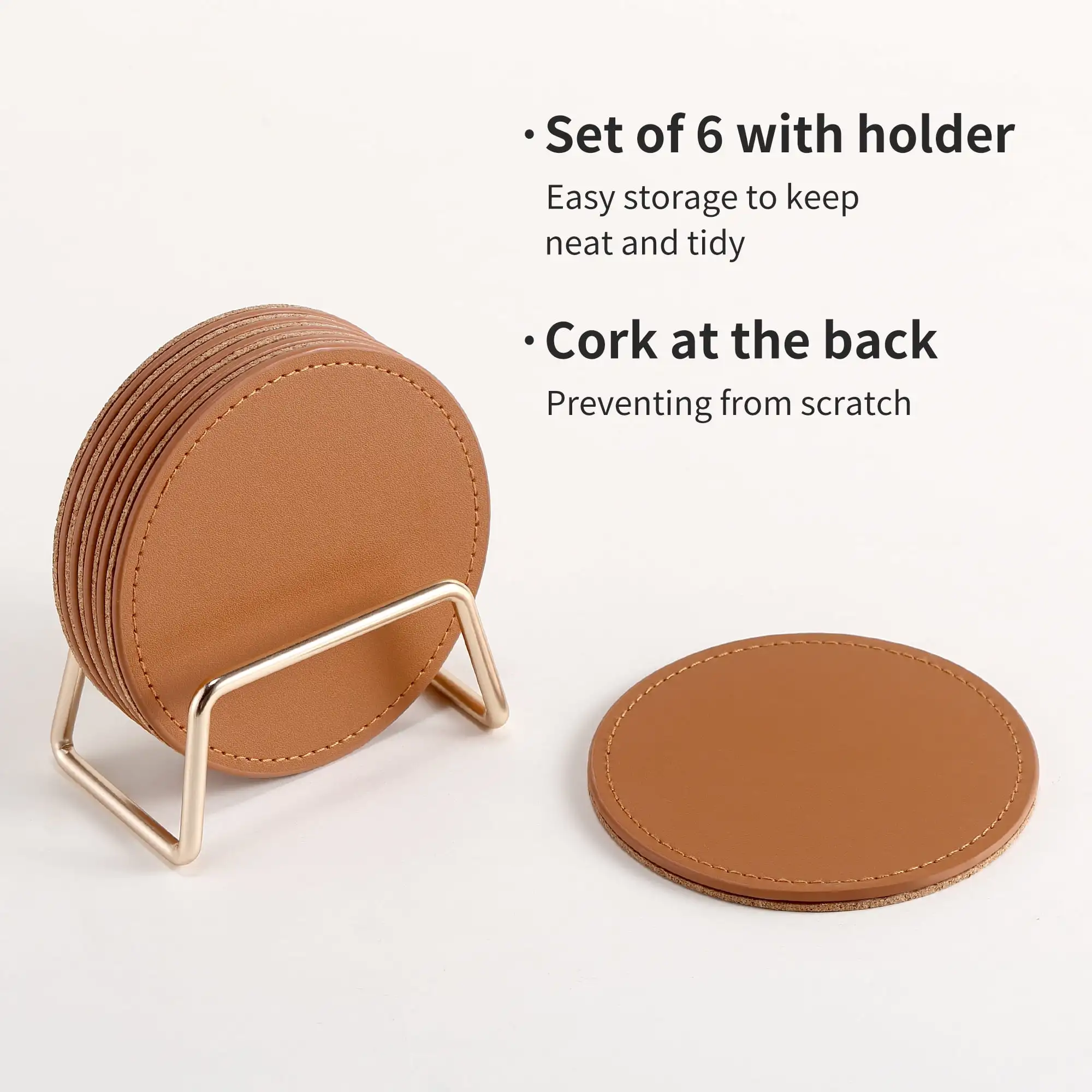 Casegrace Set of 6 Leather Coasters With Metal Holder Home Decorative Waterproof Cup Mat Kitchen Desktop Drink Coaster Set with Cork Base Brown