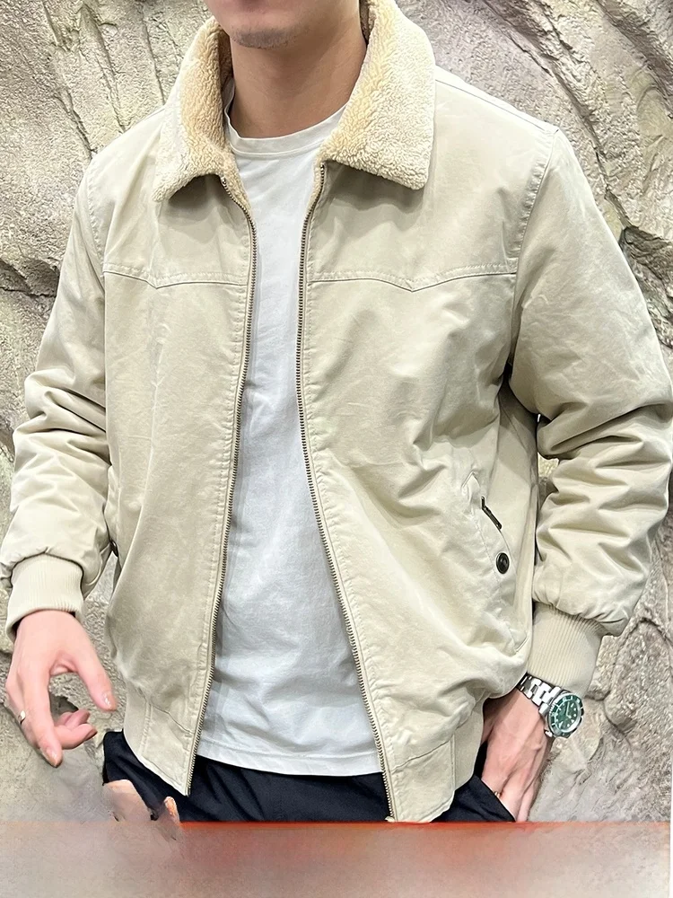 

Double-Wear MA Flight Collar Lamb Fur Lined Cotton Jaet for Men Warm Casual Sle Zipper Closure Long Sve Stand Fit