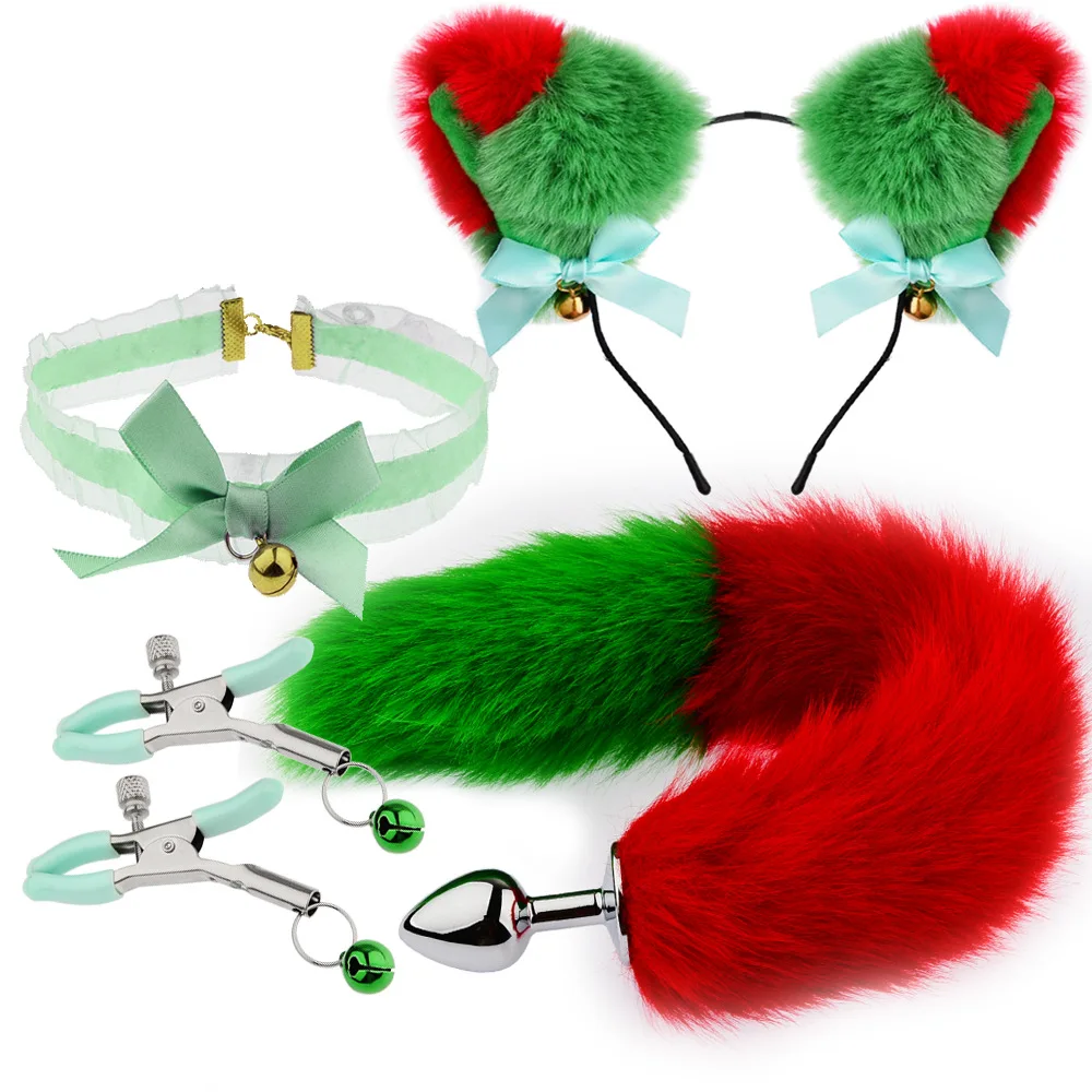 SM Stereo Ear Tail set Fun play role Play Back Court Tail Anal plug toy SM Red Green Christmas