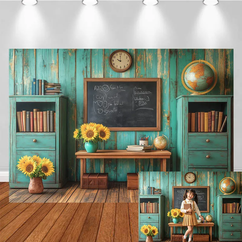 

LS Photography Background School Themed Sunflower Chalkboard Globe Bookshelf Decor Party Kids Adult Portrait Photo Backdrop
