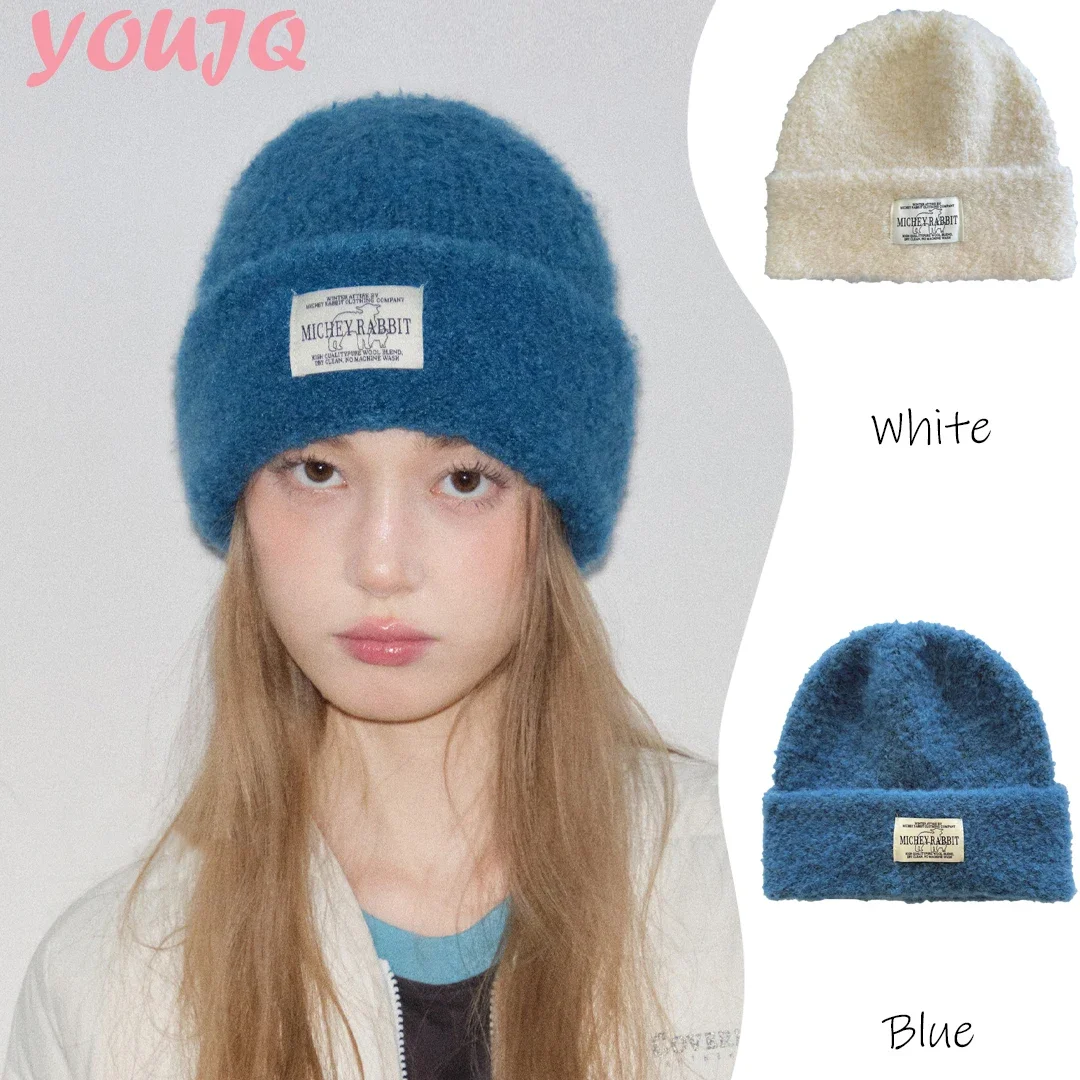 

Корейская зимняя шерстяная шапка с этикеткой, толстая флисовая шапка из шерсти для девочек и женщин, теплая, с защитой ушей, вязаная крючком, для улицы, Gorras