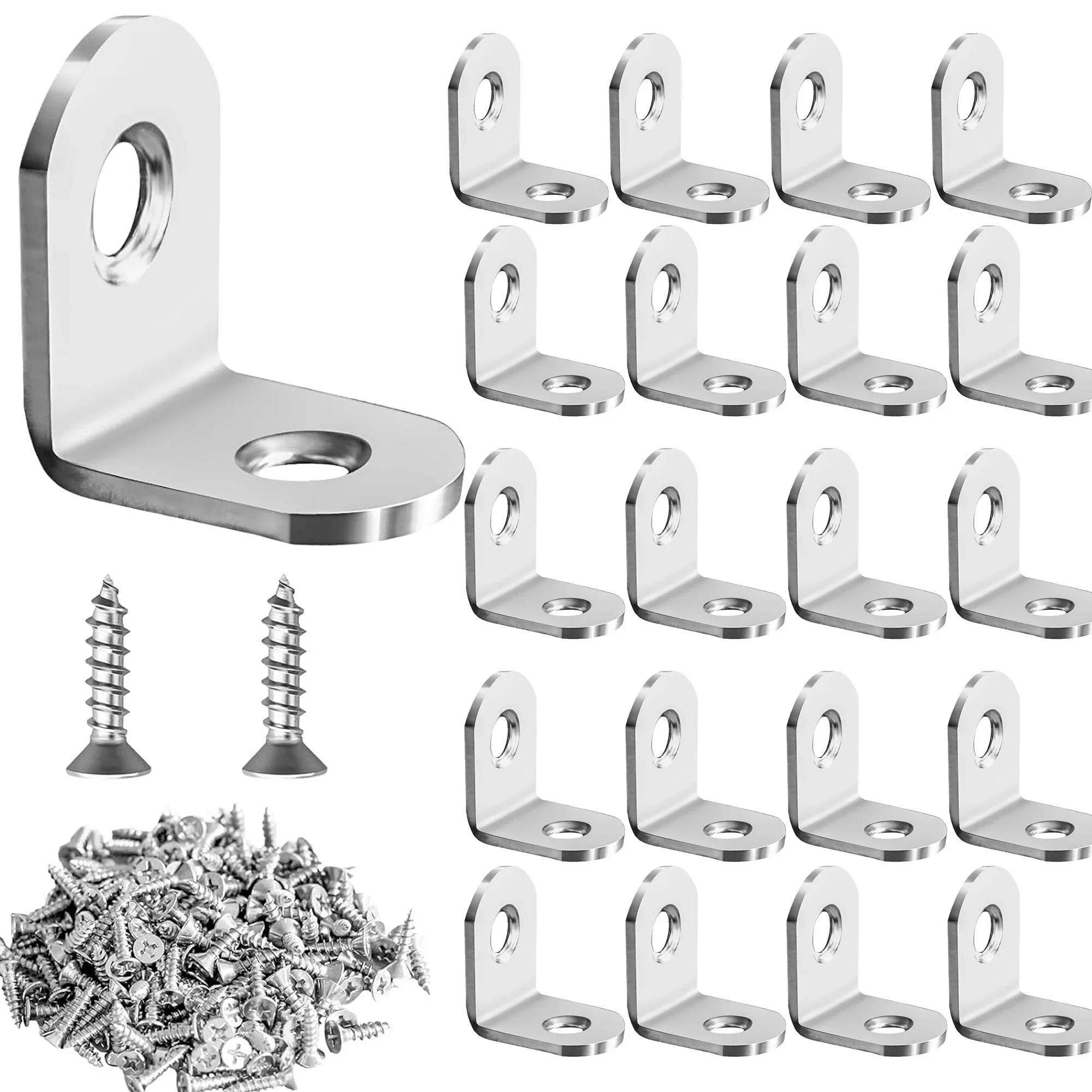 20 Sets L-Shaped Corner Brace Metal Corner Brace 90-Degree Angle Stainless Steel Bracket with Screws for Fixing Wooden Frames, E