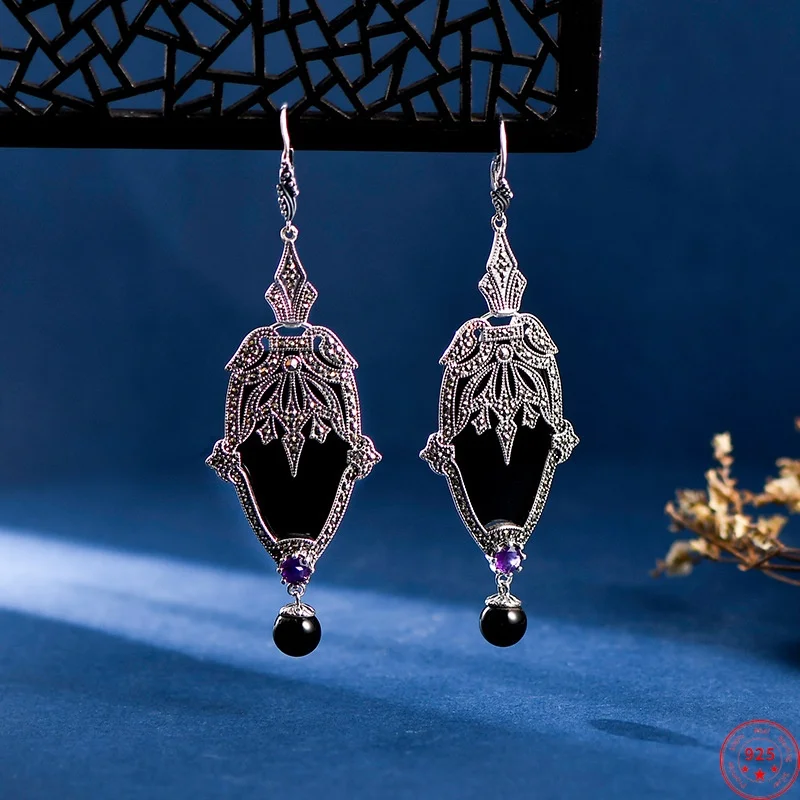 S925 Sterling Silver Charms Drops Earrings for Women Geometric Pattern Inlaid Agate Micro Marcasite Ear Drops Jewelry Wholesale