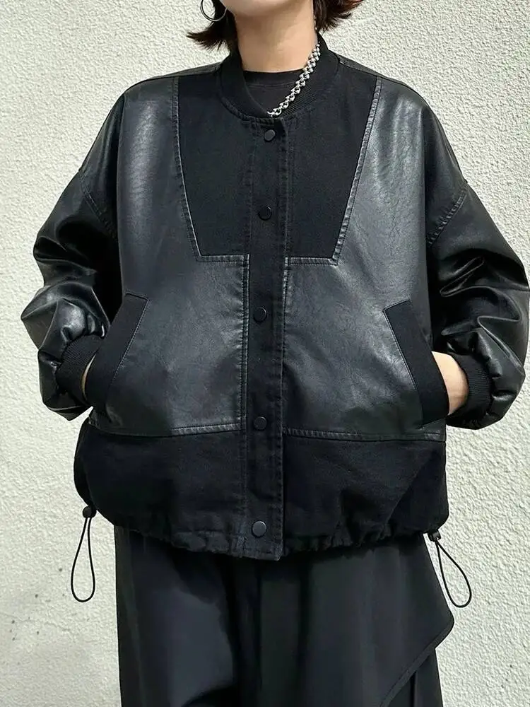 黒ポケットビッグサイズ PU レザージャケット新しいスタンドカラー長袖女性コートファッション潮春秋