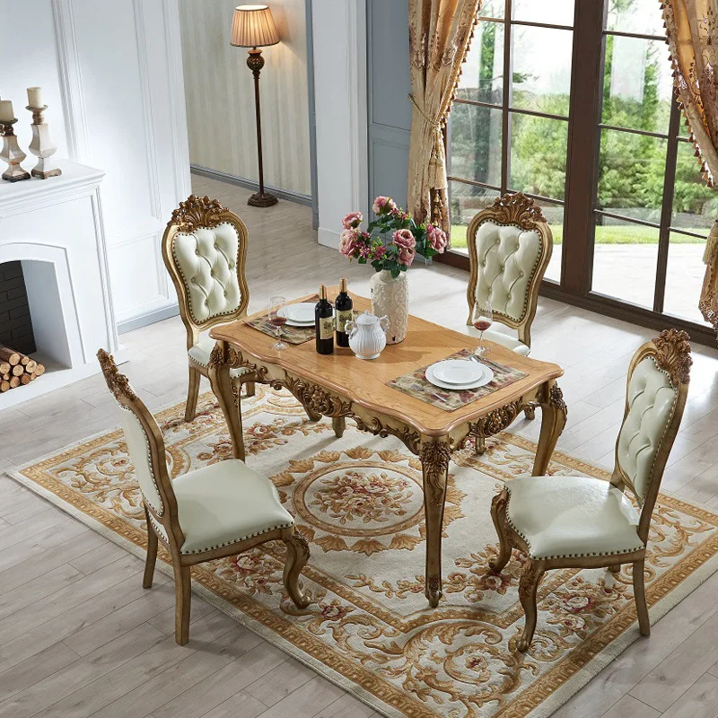 Rectangle dining table and chair combination champagne color 4-6 people solid wood dining table dining table