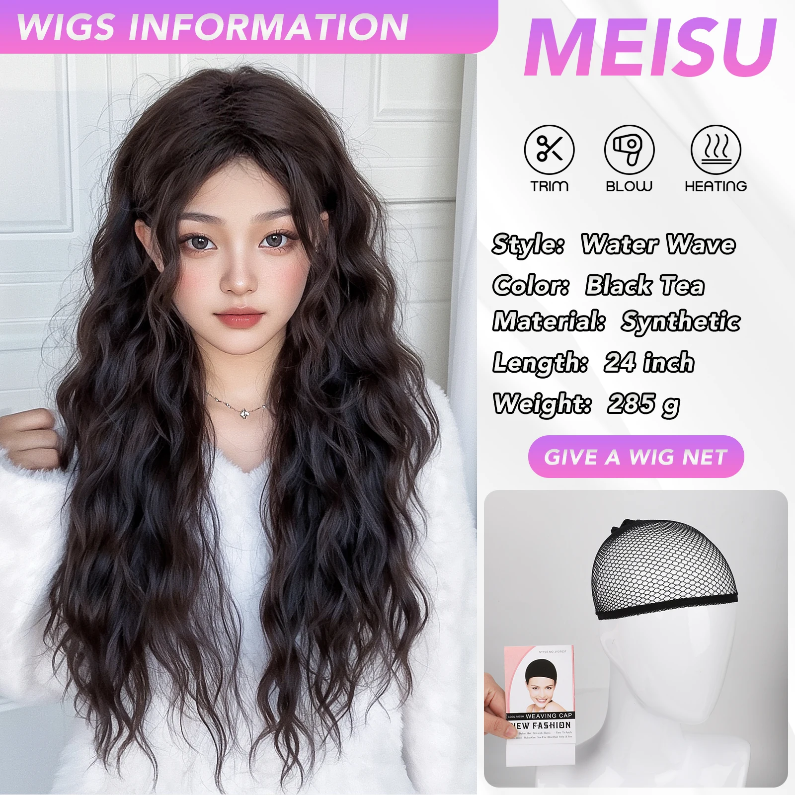 MEISU 24 Inch Water Curly Wave Bangs Wig Fiber Synthetic Wig Heat-resistant Non-Glare Natural Soft Cosplay Hairpiece For Women