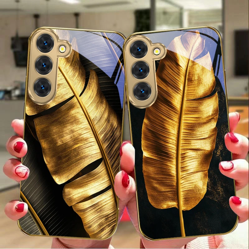 Texture of banana leaves For Samsung Galaxy S26 S20 FE S21Plus S22 23 Plus S24 Ultra S25 S21+ S9+ 22Plus Golden glass phone case