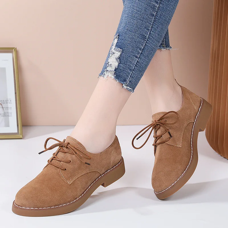 2023 Autumn Women Shoes Round Toe Suede Leather Shoes Lace Up Casual Flats Shoes Female Non slip Soft Sole Oxford Shoes WSH4640