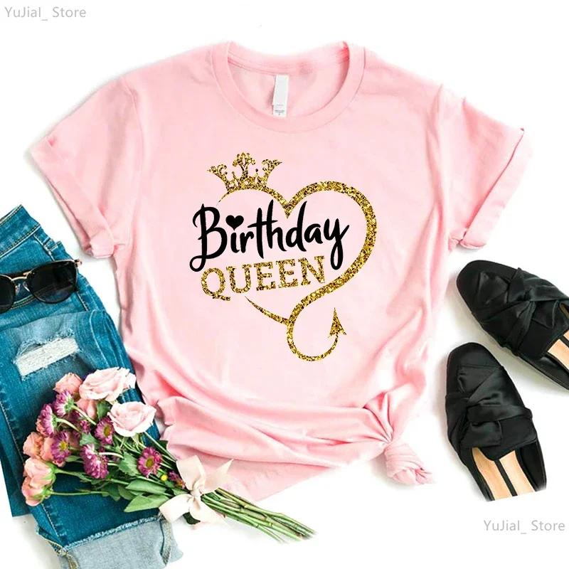 Birthday Gift For Girls Birthday Queen Graphic Print Tshirt Women'S Clothing Gray/Green/Yellow/Pink/Black/White T-Shirt Femme