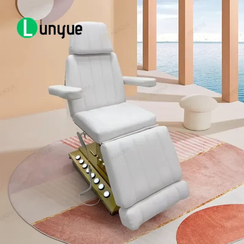 Luxury Gold Stainless Steel Base 4 Motor Electric Facial Bed Foot Control Modern Beauty Massage Treatment Table for Spa