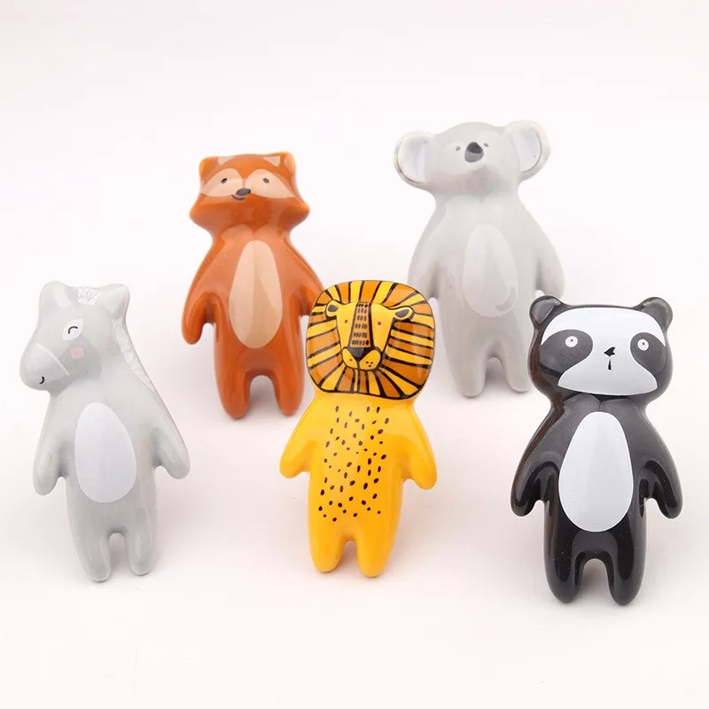 Cute Animal Children Room Handles Kid Room Cartoon Ceramic Knob Lion King Panda Fox Koala Donkey Shaped Hardware Drawer Handles