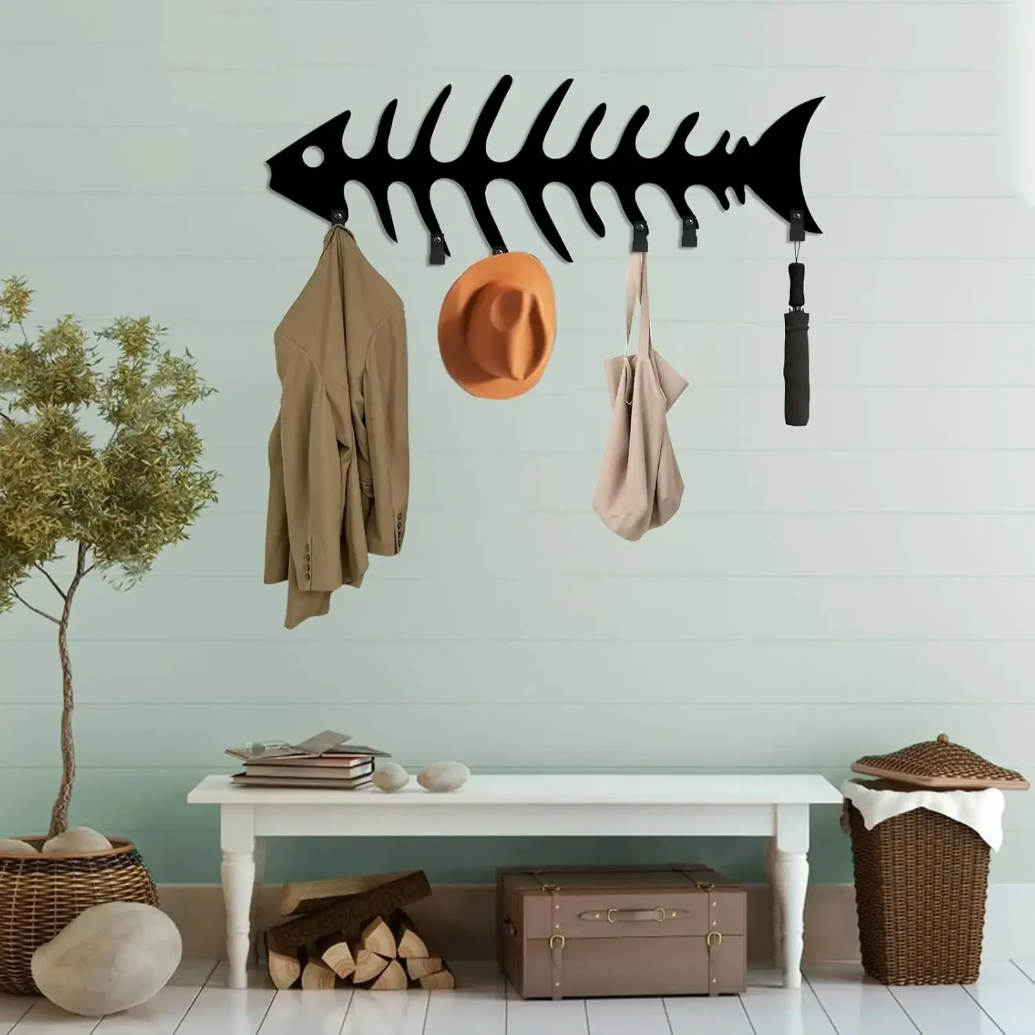 Fish Bone Coat Rack Wall Mount, Fish Bone Wall Hooks, Ocean Themed Coat Rack, Nautical Beach Decor, Space Saving Wall Hanger for