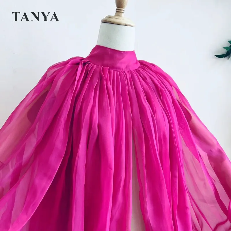 Hot Pink Silk Chiffon Wedding Cloak Puffy Sleeves Jacket Bridal Accessories Short Bolero Shawl Free Size High Neck With Buttons