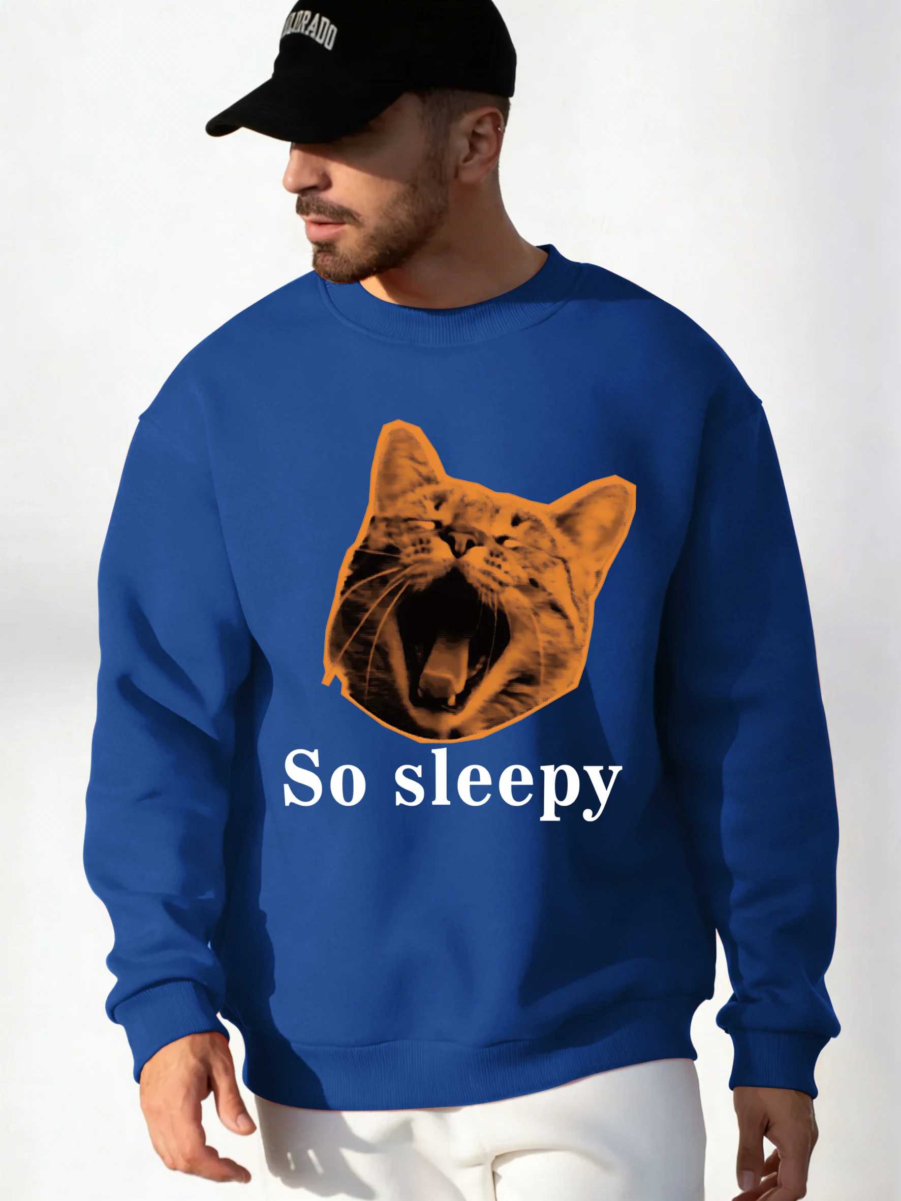 

Осенняя удобная мужская толстовка с принтом So Sleepy Lazy Cat, винтажные толстовки для бега, простые базовые пуловеры, повседневная модная уличная одежда