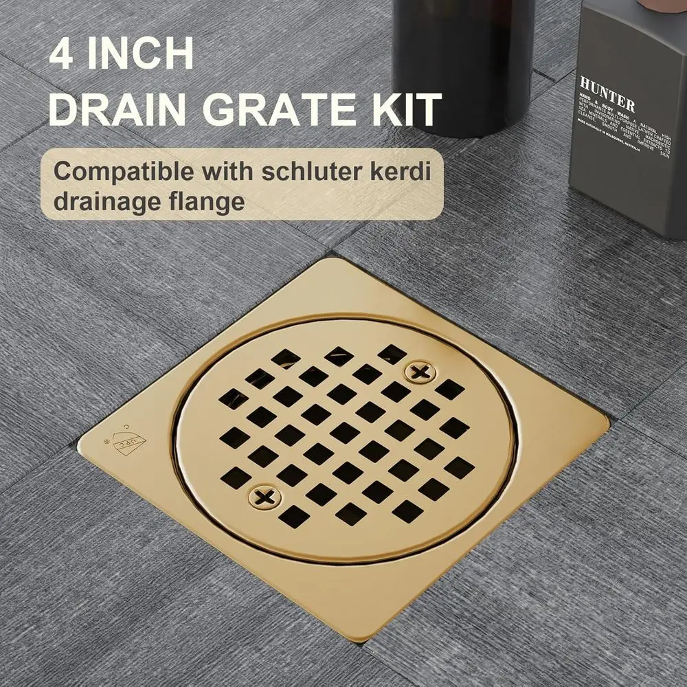 Kit de Grelha de Drenagem de Chuveiro em Bronze de 4 Polegadas com Colar Ajustável e Ralo de Chão Quadrado Removível, Compatível com o Sistema Kerdi Drain