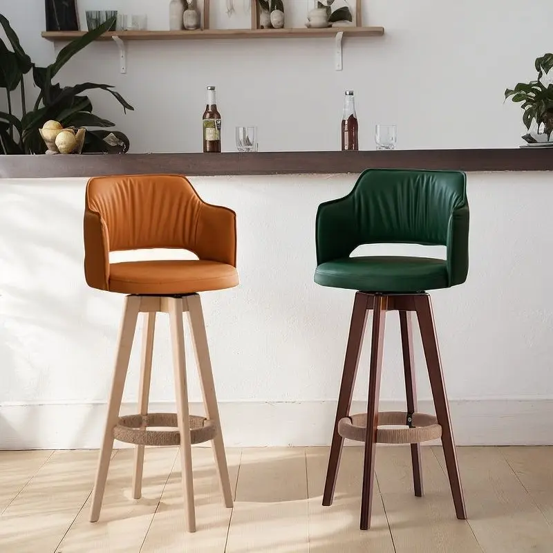 

Modern Minimalist Solid Wood Bar Stool Rotatable High Stool Home Reception Cashier Chair Luxury Bar Living Room Backrest Chair