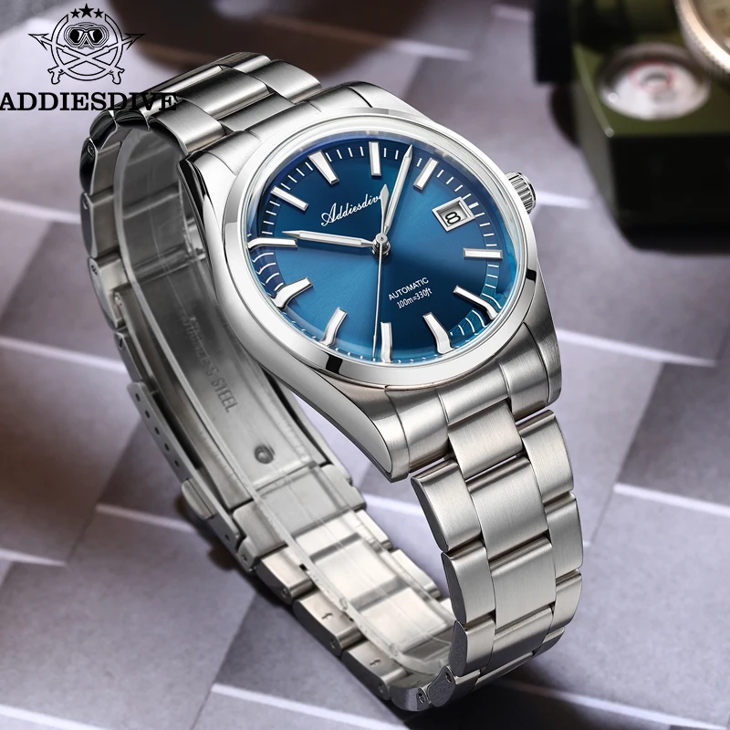 Orologio ADDIESDIVE Nuovo quadrante blu Sunburst Orologio automatico di lusso NH35 AD2077 Orologio da polso da uomo impermeabile in acciaio inossidabile da 100 m