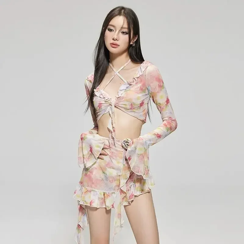 Traje de baño de una pieza Y2k para mujer, traje de baño estampado para chica dulce, Monokini de verano para mujer, traje de baño con realce, traje de baño con falda para la playa