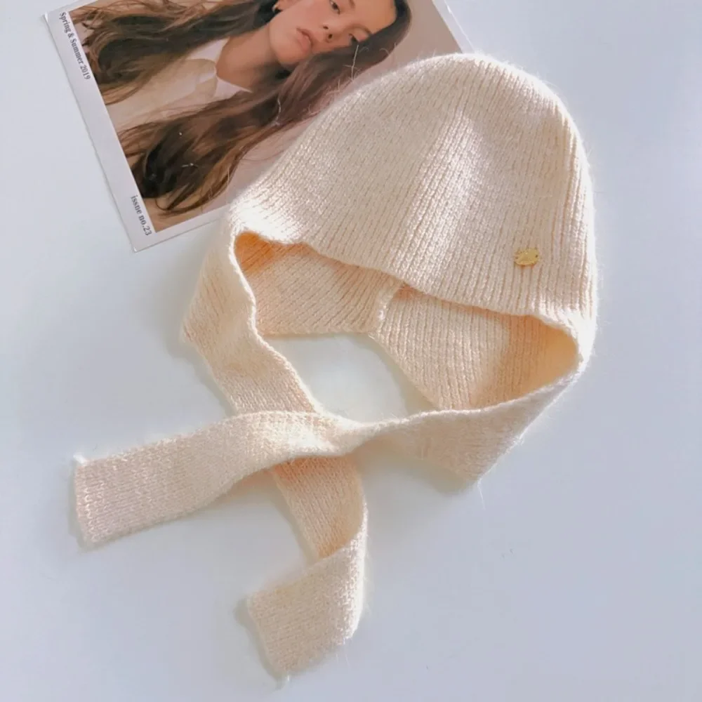 

Keep Warm Knitted Hat Ear Protection Coldproof Woolen Crochet Beanies Cap Neck Protector Solid Color Girls Pullover Cap Outdoor