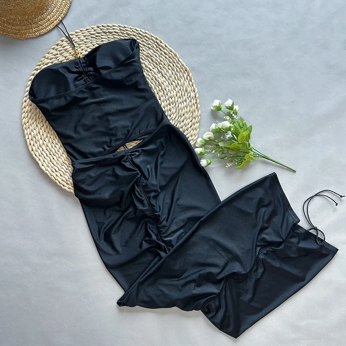 Sexy Maxi Dress Bikini Set Women One Piece Swimsuit Female Swimwear 2024 Bathing Suit Beachwear Summer Ruffle Black Biquini