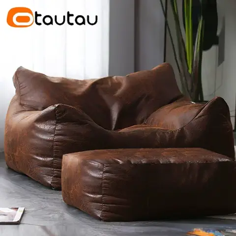 OTAUTAU 충전재 포함 인조 레트로 스웨이드 가죽 푸프 빈 백, 편안한 킹 사이즈 안락 의자, 레이지 싱글 소파 SF042
