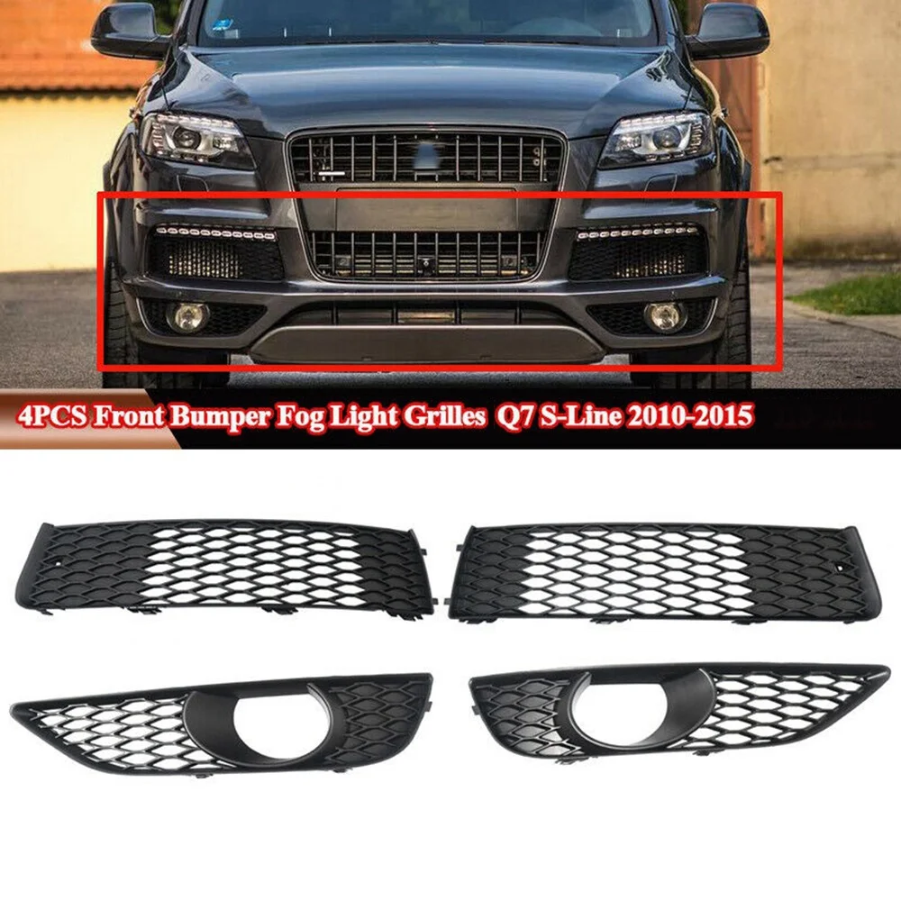 4X Front Bumper Lower+Upper Mesh Grille Fog Light Bezel for-Audi Q7 S-Line 2010-2015 4L0807697B 4L0807698B