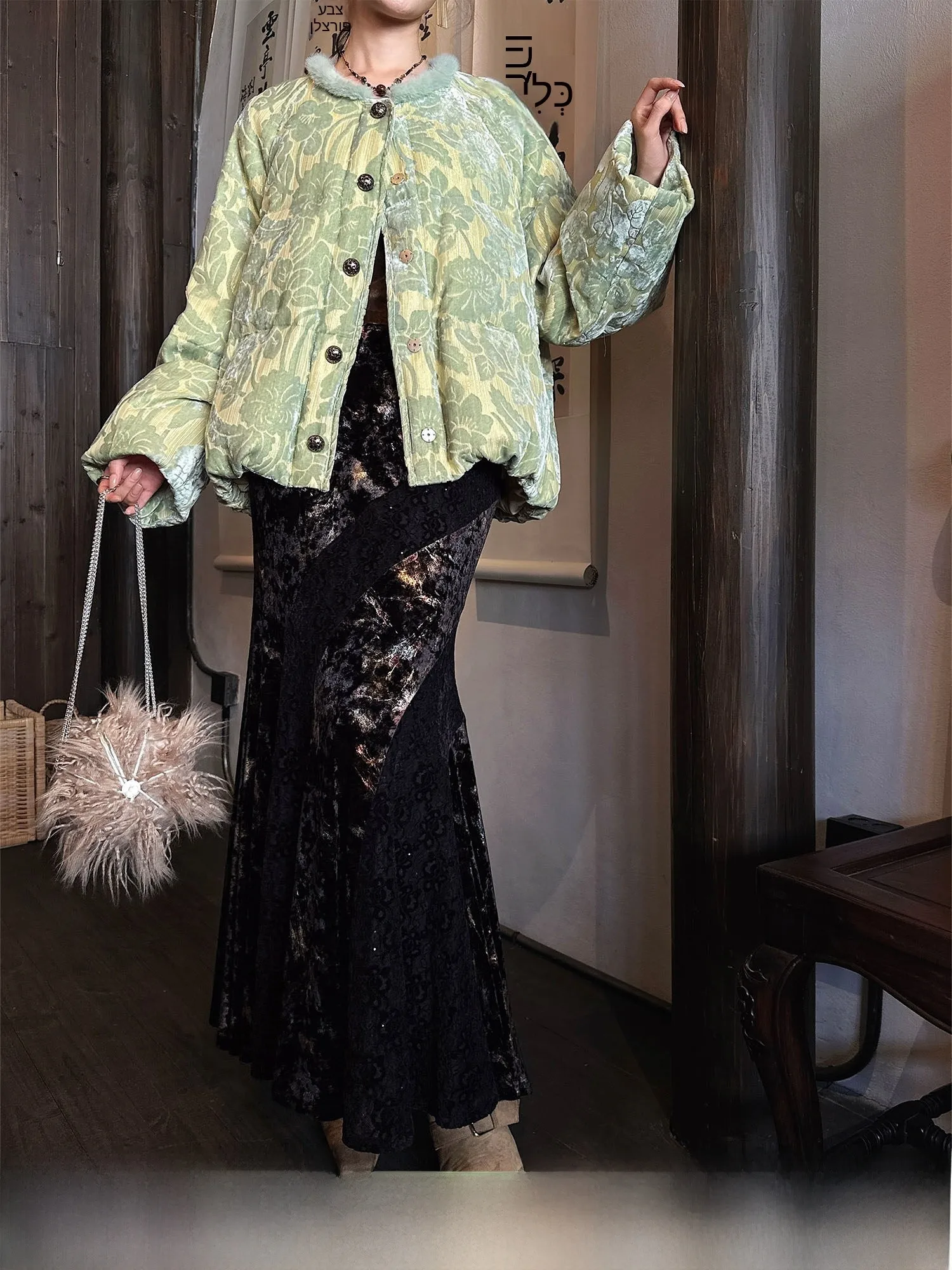 

Sange Bla Flower【Tinglan】Lace Fi Tail f Godd Skirt Velvet Gold Embroidery Winter Women's Sle 2025 New Arrival