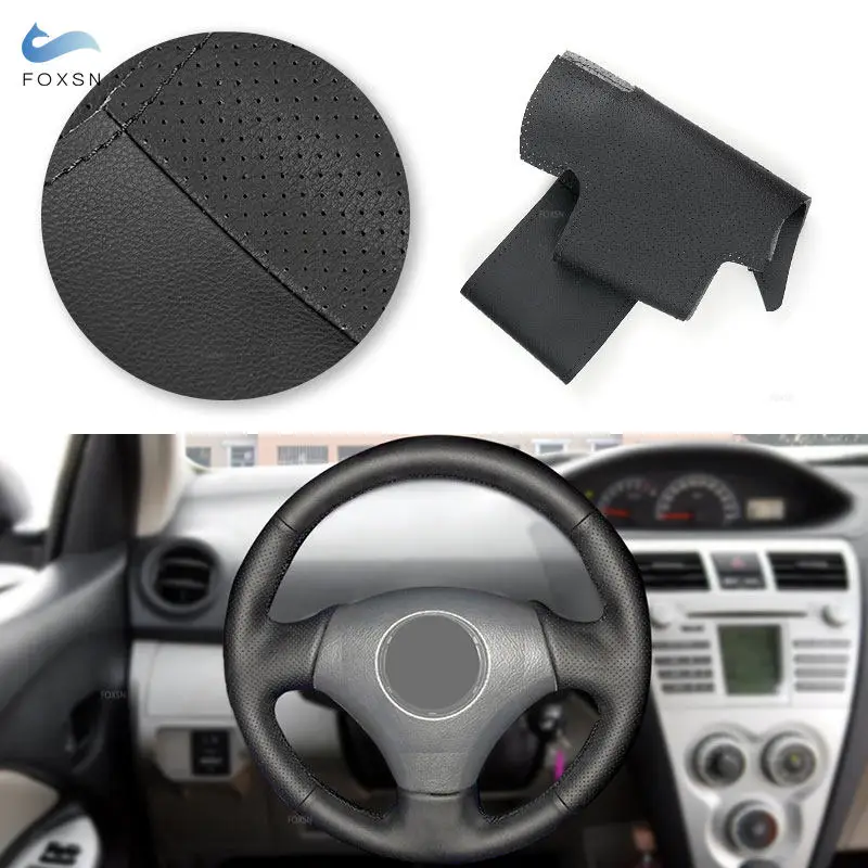 DIY Sewing Black Perforated Leather Steering Wheel Cover Trim For Toyota Vios Mark 2 Corolla 2000-2004 Lexus GS430 GS300 2004