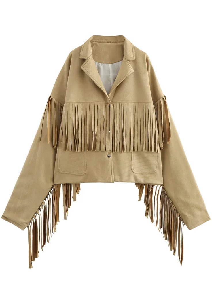 

Tassel Patchwork New Jackets Women's Lapel High Waist Long Sleeve Autumn Pocket Commute Coat Female Jackets 2025