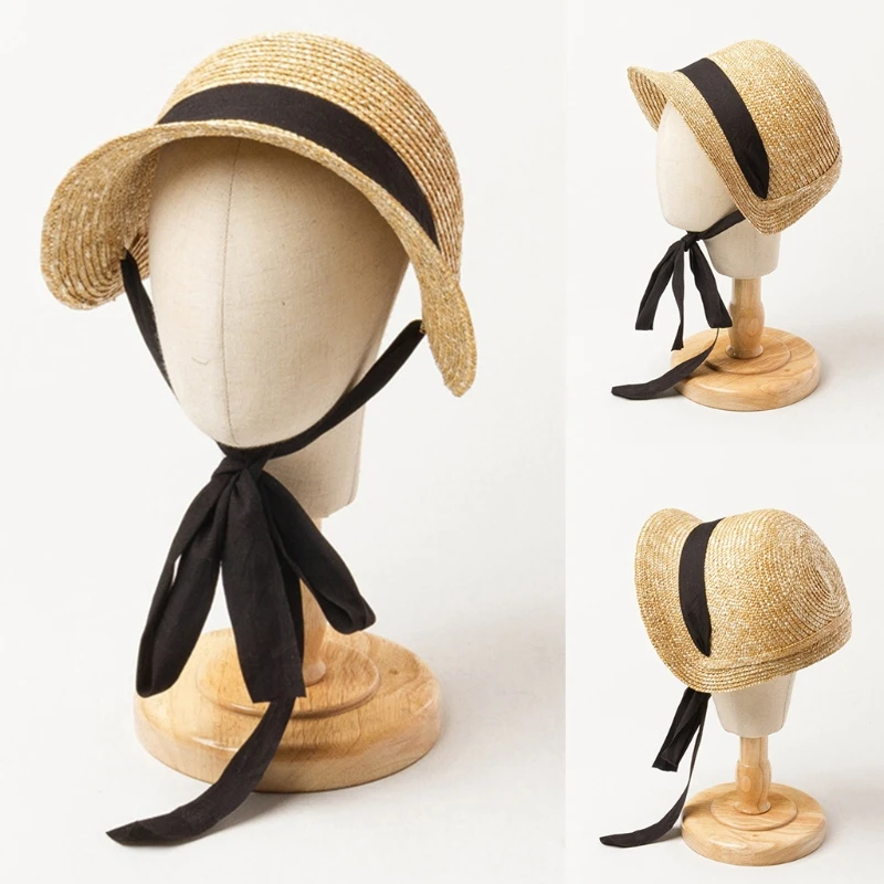 Sun Hat 53cm Head Circumference for Children Outdoor Chin Straps Adjust Straw Hat Girls Raffia Sun Cap Summer Beach Seashore