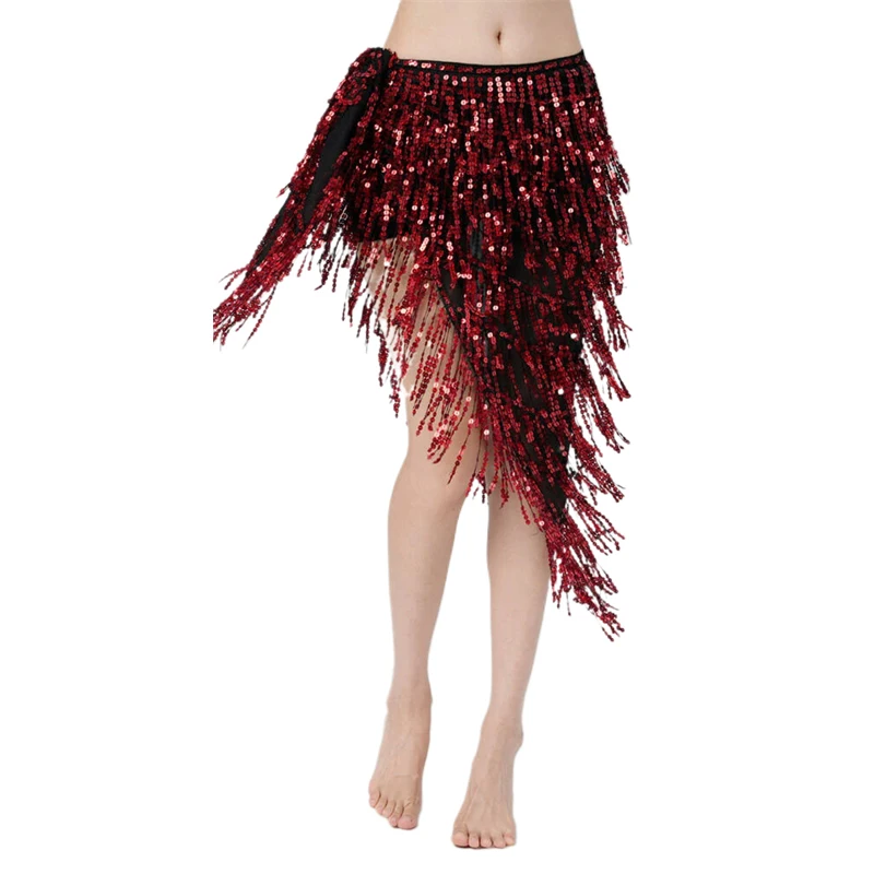 Bauchtanz-Hüfttuch für Damen, Pailletten-Quasten-Wickelrock, Asymmetrischer Hüftgürtel, Glänzender Schimmerrock für Festival, Party, Aufführung, Y2K-Tanz – Detail 5