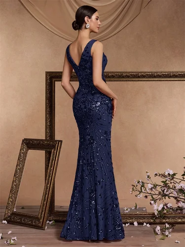 Imagen 2 del producto Lucyinlove elegante vestido de noche con abertura 2025 mujeres largo sirena Formal lentejuelas Sexy cuello en V Cola de cola de caballo vestidos de fiesta de boda